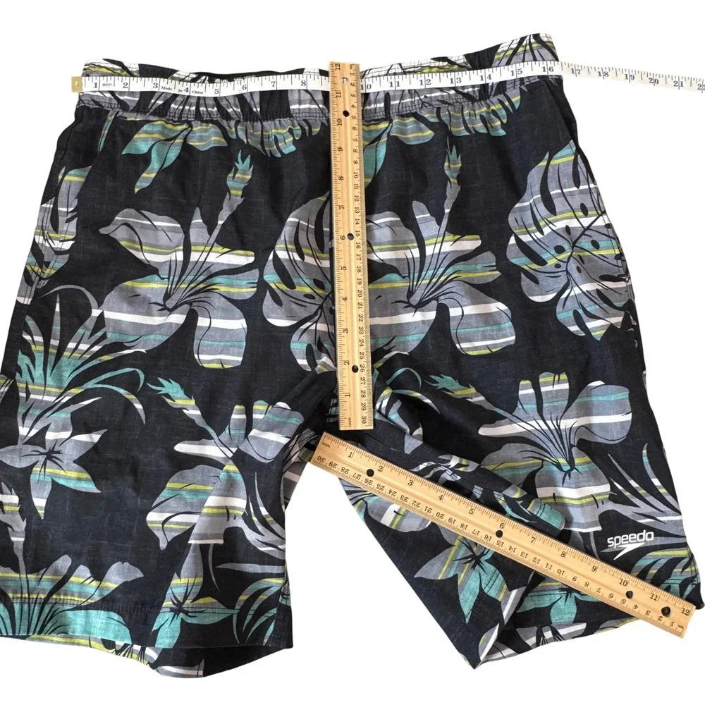 Speedo Men's Swim Trunks M Floral Black Aqua‎ Blue Board Shorts Quick Dry